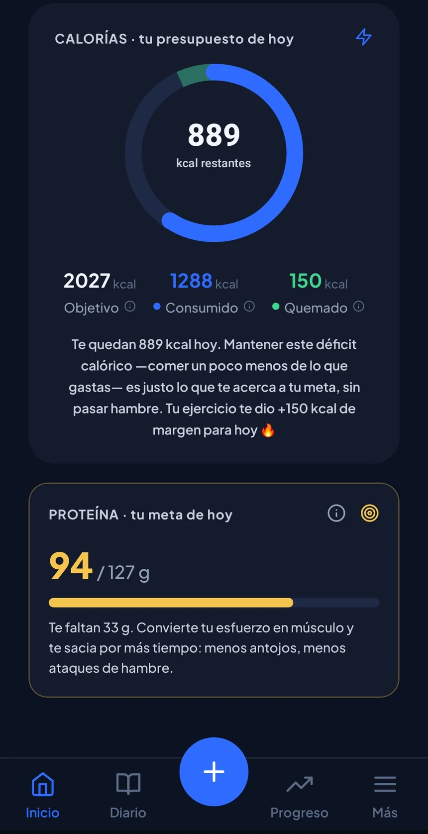 Pantalla principal de VIO: calorías restantes del día y la tarjeta de proteína