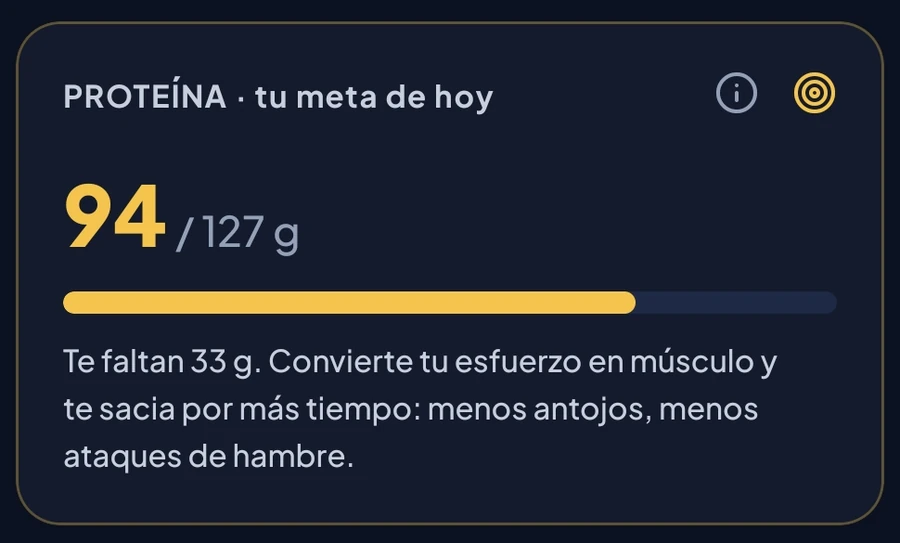 Tarjeta de proteína de VIO: 94 de 127 g, con la barra dorada de progreso