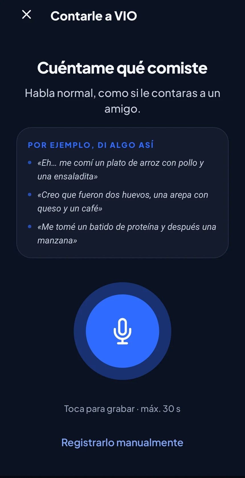 Pantalla Contarle a VIO: botón de micrófono y ejemplos de qué decir